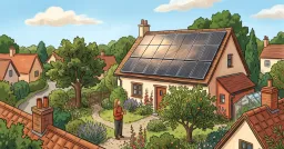 Illustration of a cottage rooftop covered in solar panels, with a person in the garden below looking up while holding a mug