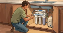 Illustration of a person installing an under-sink reverse osmosis water filter system with membrane housings visible
